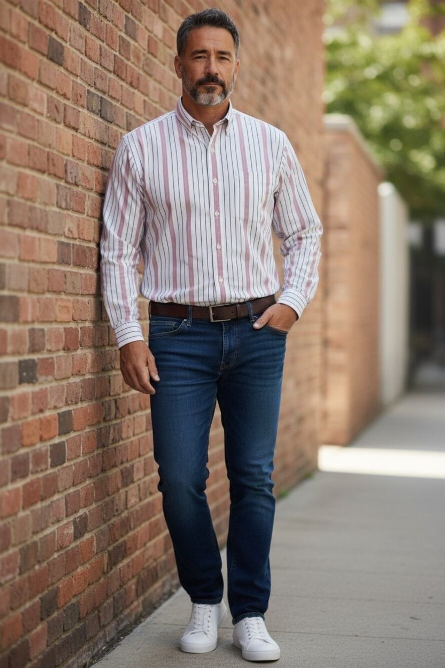 Paul Fredrick Tailor Fit  LS Dress White Shirt w Blue/Red  Stripes Neck :18